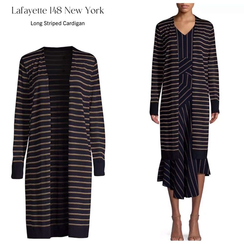 Lafayette 148 Silk Blend Long Sleeve Navy Blue Striped Mid Length Cardigan Sz L